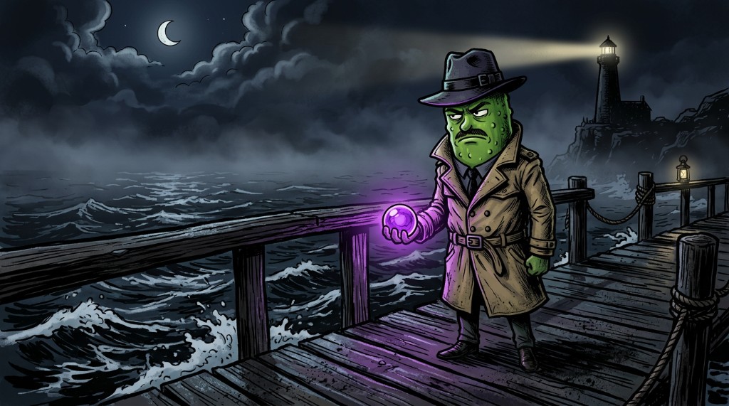 Dick Pickle on a pier at night