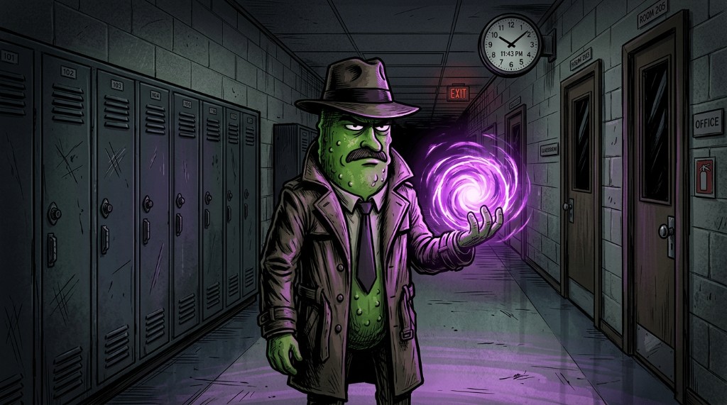 Dick Pickle in a school hallway